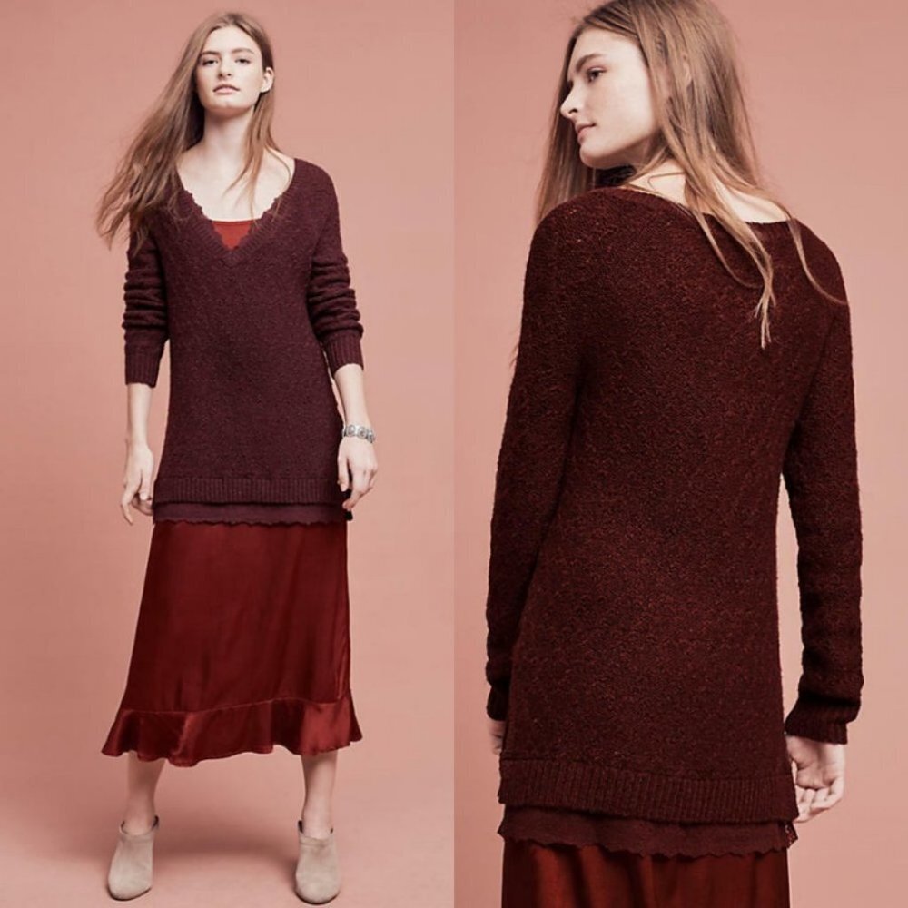 Anthropologie Knitted and Knotted‎ Knit Lace Burgundy Maroon Sweater Size XS Top